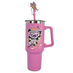 Ed Hardy Pink Floral Tumbler Butterfly Straw Handle Travel Cup 40oz